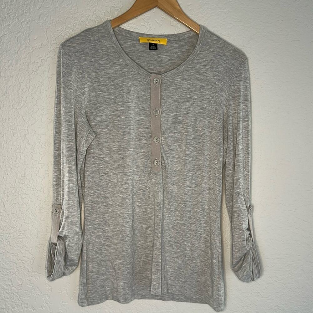 St. John Grey Henley Top Tee Roll Tab Sleeve Ribbon Trim Sporty Preppy Normcore
